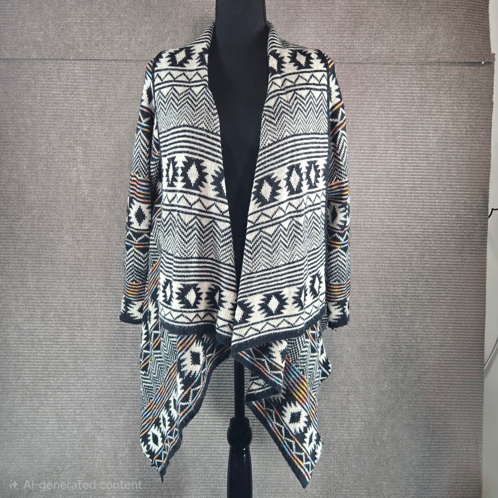 Xhilaration Women M/L Black‎ White Aztec Geometric Draped Open Front Cardigan